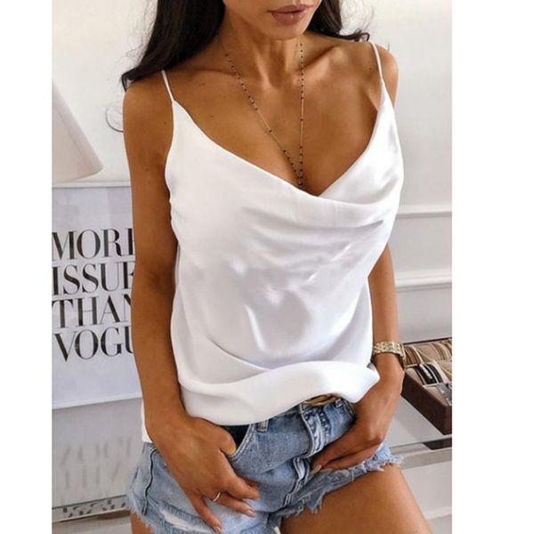 

women's camisole solid color v-neck fashion pleated halter vest small sling streetwear summer haut femme women new, White