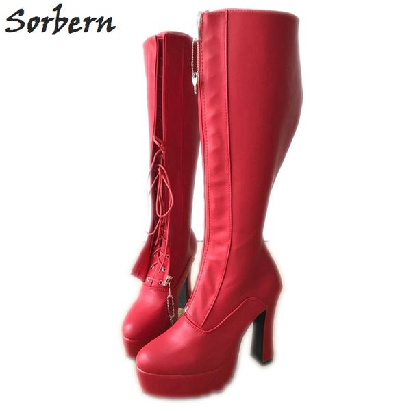 

locking zip red women boots 12cm spool block heels hidden lace knee hi fetish boots ladies new custom colors, Black