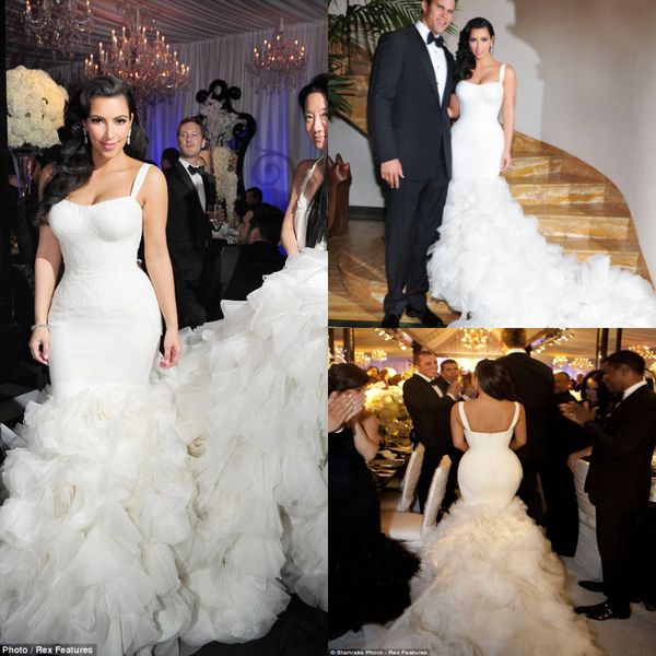 Acheter Train Cathédrale Kim Kardashian Robes De Mariée Sirène Bretelles Spaghetti Volants De Pays De Niveaux Robes De Mariage De Jardin Dos Nu Boho