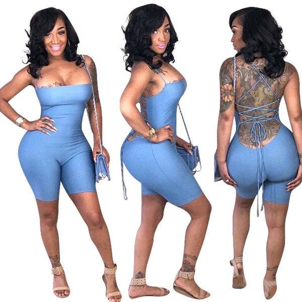 

black spaghetti strap skinny playsuits summer backless lace up short catsuit women blue square collar party romper lm996, Black;white