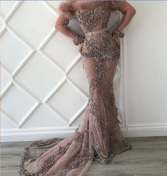 

evening dress ziad naked yousef aljasmi appliques beads mermaid long sleeve bateau f loor length dress kim kardashian zar, Black;pink