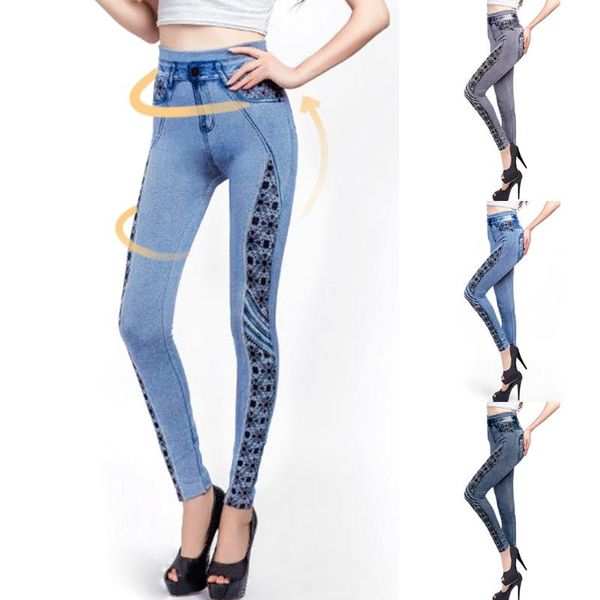 

sfit women's imitation jeans yoga pants stretchable slim fitness leggings denim jeans hips tights seamless sports pencil pants, Black;blue