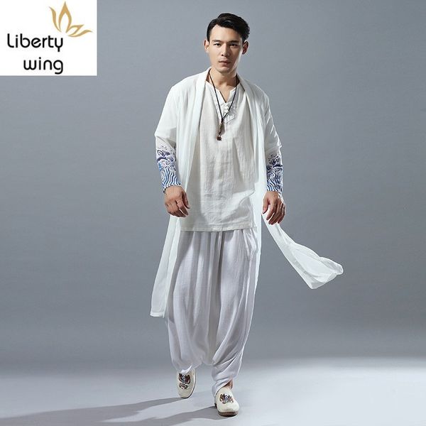 

men's casual shirts chinese style chiffon shirt 2021 summer long sleeve cardigan fashion loose printed comfortable windbreaker, White;black