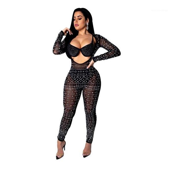 

party club female clothing rhinestone reversible womens jumpsuits skinny long sleeve black lace rompers backless, Black;white