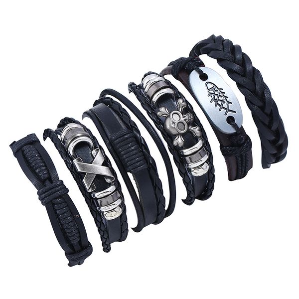 Braccialetto in pelle intrecciata alla moda gioielli teschio croce lega uomo personalità casual perline ciondoli braccialetti avvolgenti punk vintage per regalo donna nero