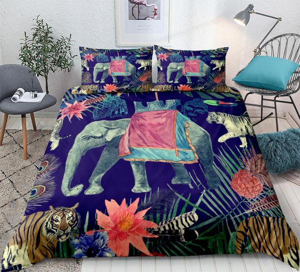 Tropical Elephant Tiger Bedding Set Retro Floral Animals Pattern