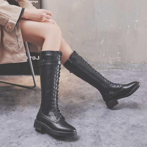 

women british style with lace-up decoration side zipper knight chunky heel oversize boots, Black