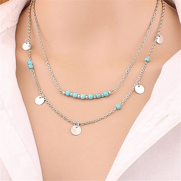 

vintage multilayer pendant necklace women beads copper chain sequins multilayer choker necklaces jewelry, Silver