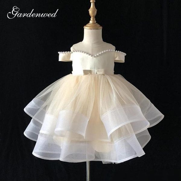 

light champagne pearls flower girl dresses off shoulder tiered tulle communion dresses big bow short girl wedding party dress, Red;yellow