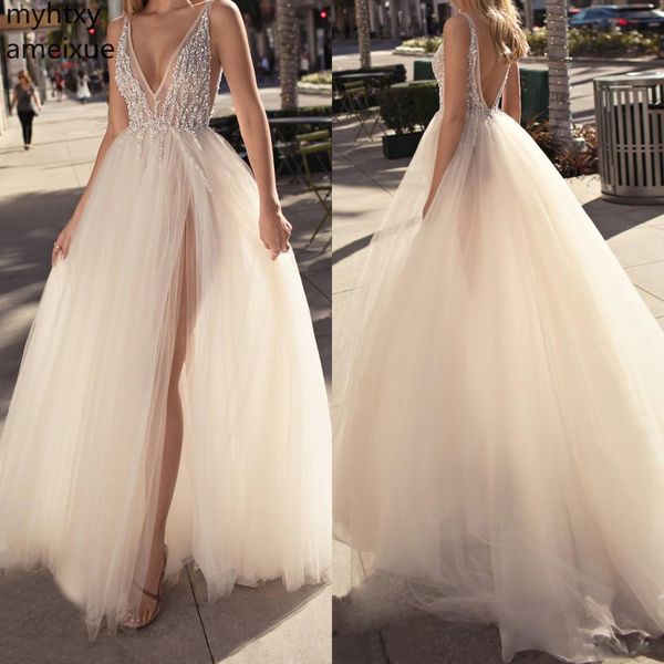 

2019 tulle pure and white evening gowns backless v neck high split prom party custom made special occasion dresses cheap, White;black