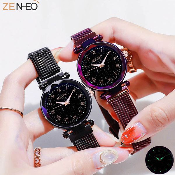 

ladies watch luminous starry sky women's watches milanese quartz mesh with magnetic buckle decoration girls gifts, Slivery;brown
