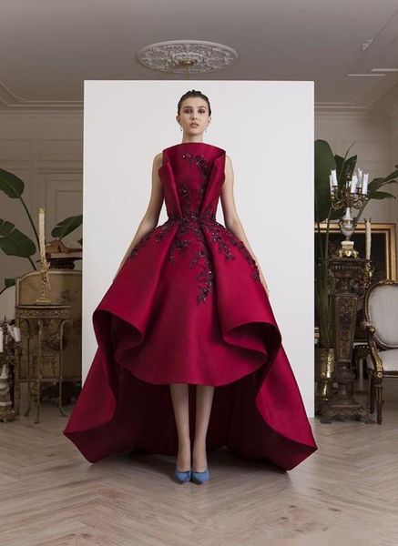 

red high low prom dresses lace appliqued dresses evening wear satin beaded plus size formal long party dresses robes de soiree, Black;red