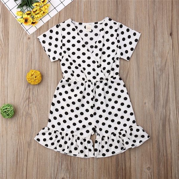 

0-5y retro kids baby girl romper summer short sleeve polka dot jumpsuit v-neck ruffled flare pants playsuits girl cotton clothes, Blue