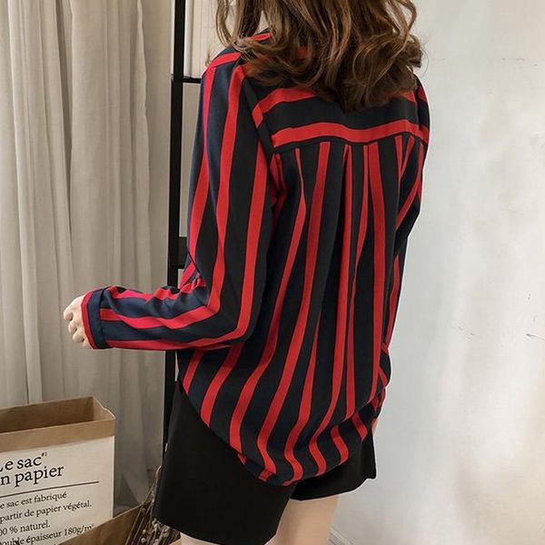 

womens stripes print casual business office long sleeve loose shirt blouse, White