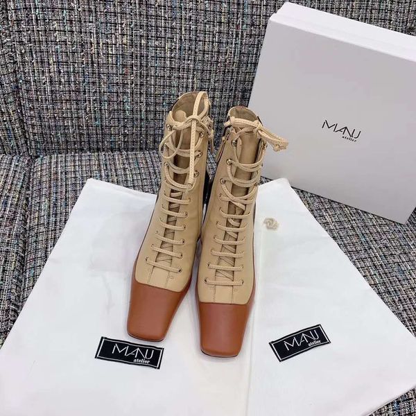 

original box manu atelier women 80mm leather ankle boots new release genuine leather zip fashion luxury lace-up designer shoes, Black