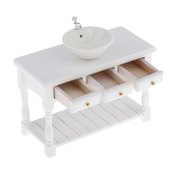 

1:12 dollhouse miniature ceramic round wash basin bathroom sink and cabinet