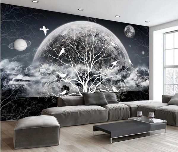 

wallpaper for walls 3 d for living room european retro black and white starry sky abstract tree mural background wall