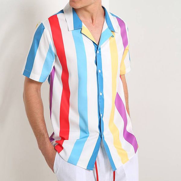 

hawaiian shirt men short sleeve striped button-down shirt harajuku streetwear mens dress shirts comfort camisas hombre, White;black