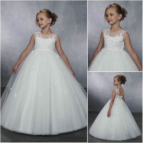 

2019 designer flower girl gowns tulle illusion jewel neck corset back lace applique bodice beads girls party gowns mb9043, White;blue