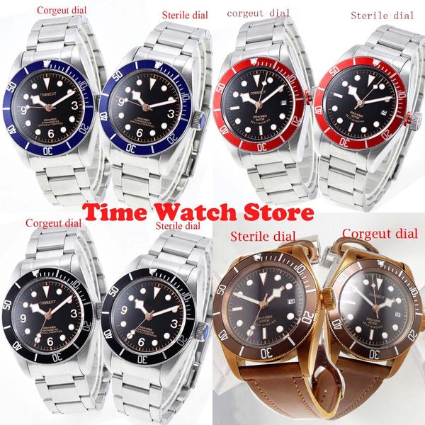 

corgeut 41mm miyota 82 20atm automatic wrist watch men waterproof black red dial luminous sapphire glass blue bezel ss bracelet, Slivery;brown