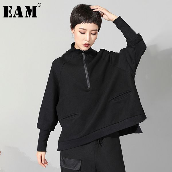 

eam] 2019 new spring summer stand collar long sleeve black zipper split joint big size sweatshirt women fashion tide jq021