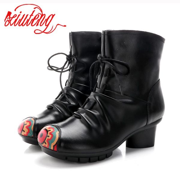 

xiuteng women flat thick heel shoes winter shoes genuine leather ankle boots for women footwear soft vintage ladies booties 2019, Black
