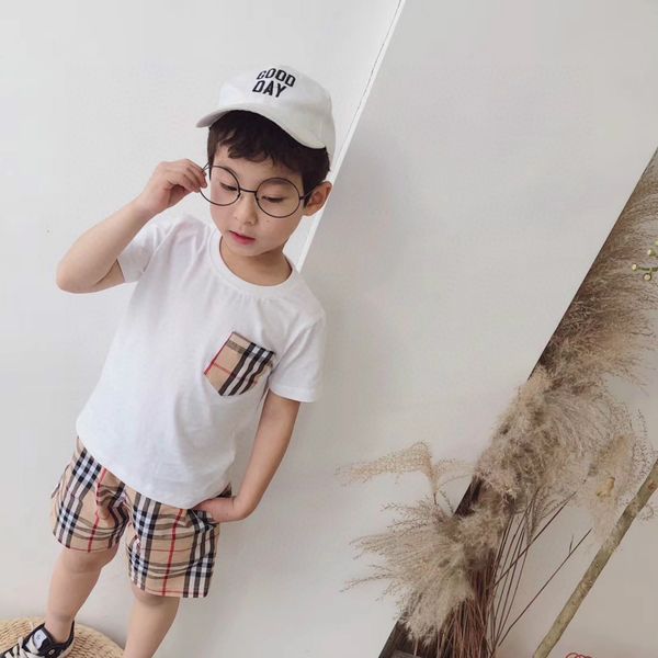 

boys luxury clothing sets 2020 summer children designer plaid printed tshirts + shorts boys two piece sets kids fashion clothing wholesale, White