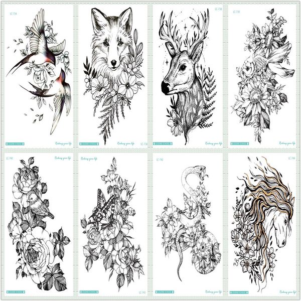 Rocooart Black Sketch Tattoo Sticker Horse Taty Wolf Bird Snake Fake Tattoo Body Art Temporary Tattoo Stickers Flowers Tatuagem Fake Sleeve Tattoos
