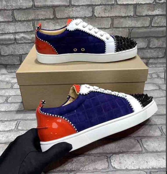 

classic brand designer red bottom spikes sneaker men's spikes orlato blue suede sneakers spikes flat shoes red sole blue matte suede ri, Black