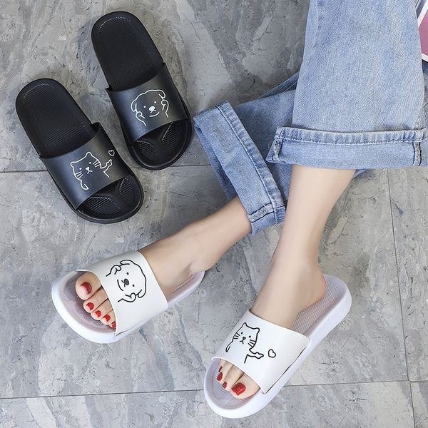 

women's cartoon cat dog slippers couple indoor home soft bottom slides summer beach swimming casual outdoor flip flops sandals, Black