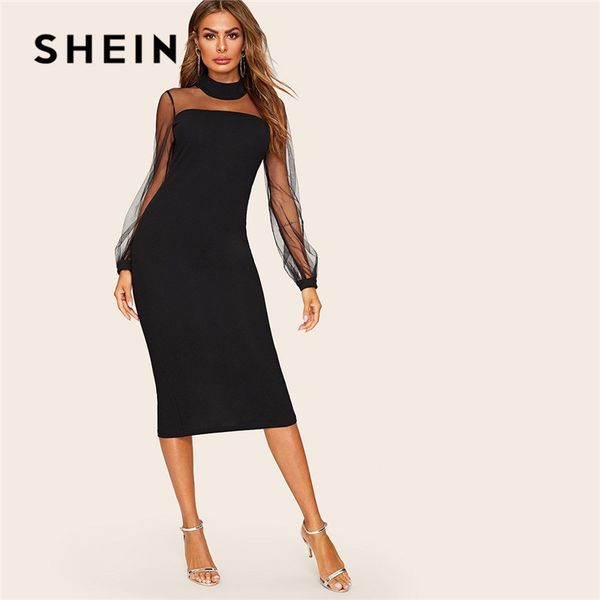 

shein black mesh yoke lantern sleeve slit hem pencil bodycon dress women spring lace stand collar solid elegant midi dress, Black;gray