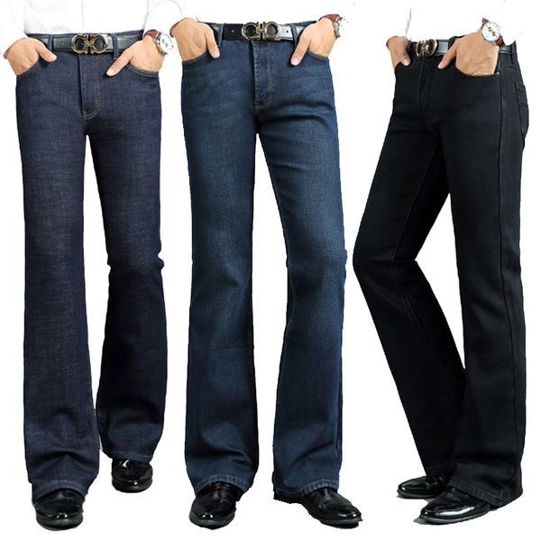 

color: blue black jeans men winter men's thick horned jeans warm thicken plus velvet flare pants micro stretch