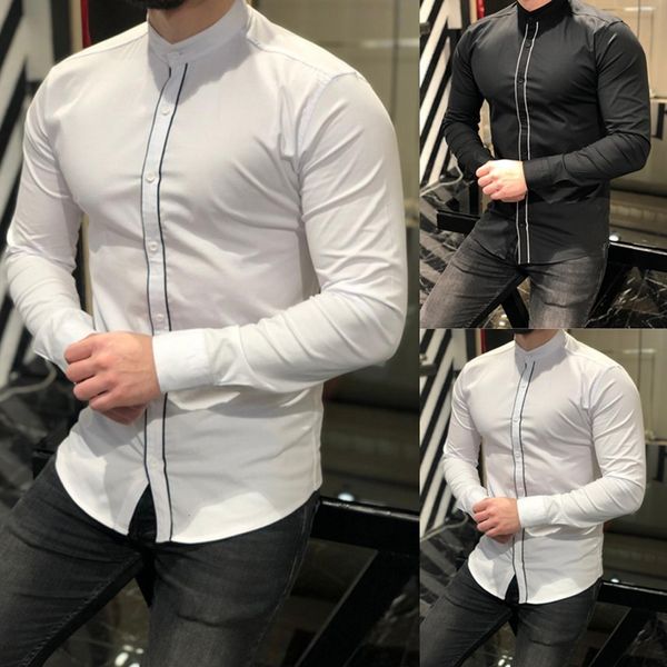 

men shirt slim basic turn-down collar fashion mens long sleeve casual stripe button fit silm business shirt camisa masculina top, White;black