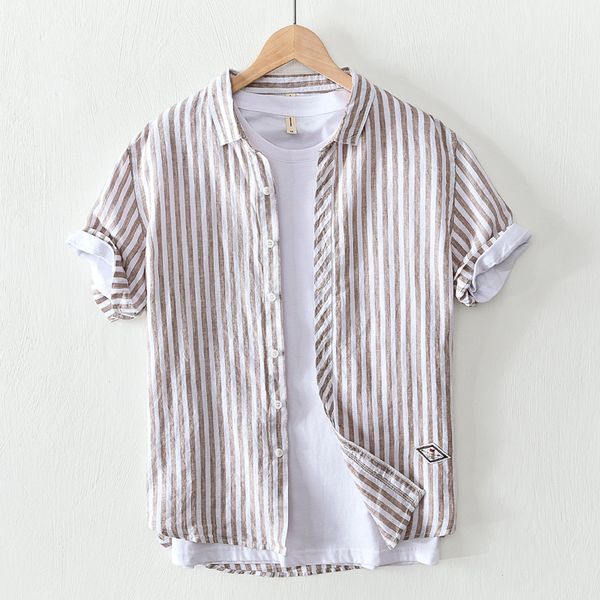 

men's casual shirts 2021 summer leisure linen striped short sleeve shirt adolescents lapel breathable, White;black
