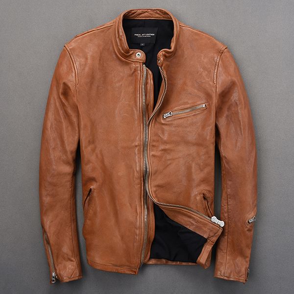 

2019 новые поступления японский стиль slim fit натуральная кожа куртка мужчины стоят воротник коричневый кожаное пальто мужчины высокое каче, Black