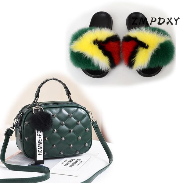 

woman real fur slippers ladies candy crossbody purse female fluffy furry flip flops jelly shoulder bag shoes sets fur slides, Black