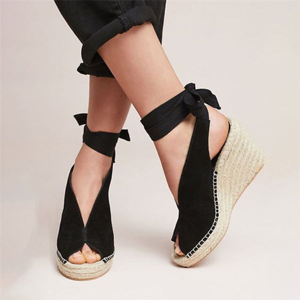 

summer shoes suede leather women sandals shoes weave wedge heels peep toe high heels platform pumps lace up bandage girl sandals, Black