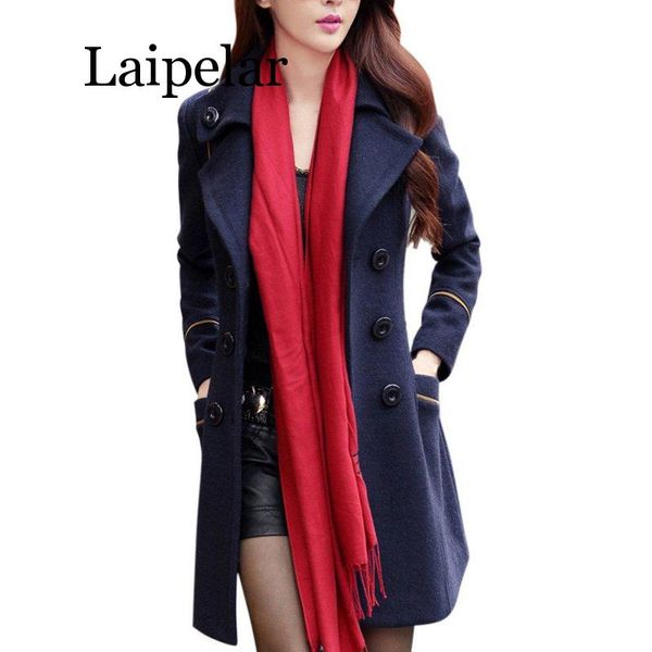 

fashion solid winter woolen coats for women double breasted overcoat turn-down collar slim outerwear female trench coat, Tan;black