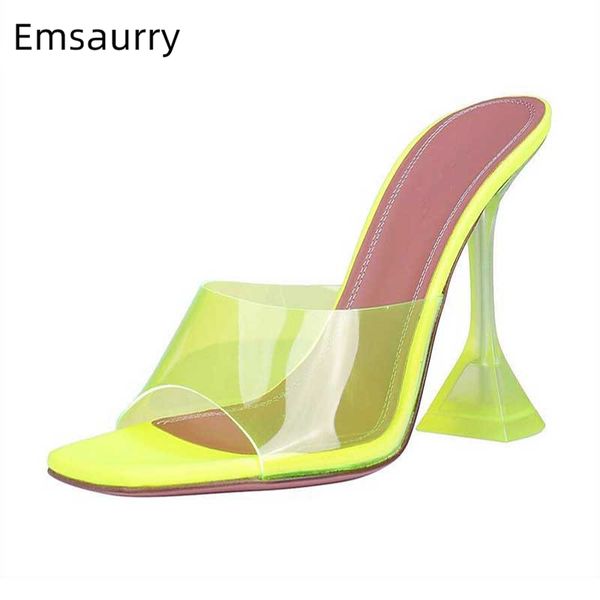 

transparent pvc slim high heel shoes woman unique goblet heel square toe open toes jelly color summer 2020 slippers women, Black