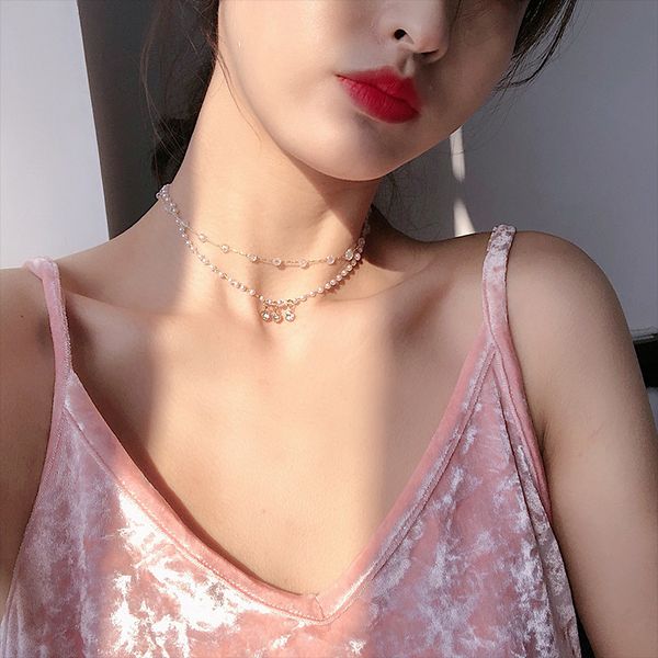 

2020 double layer chain gold color choker aesthetic romantic women pearl crystal pendant necklace egirl collar collier femme, Golden;silver