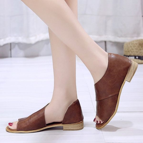 

large size sandals women's new european and american explosions low heel ladies gladiator sandals side empty women, Black