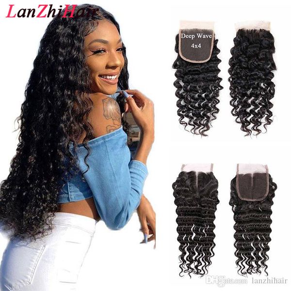 

lace глубокой волны человеческих волос закрытие 4x4 free средней части бразильского virgin hair top closure волна воды рыхлой глубокие связк, Black
