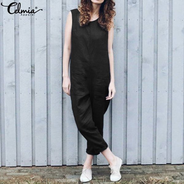 

celmia 2019 summer rompers 5xl vintage women jumpsuits casual sleeveless linen harem trousers loose playsuits plus size overalls, Black;white