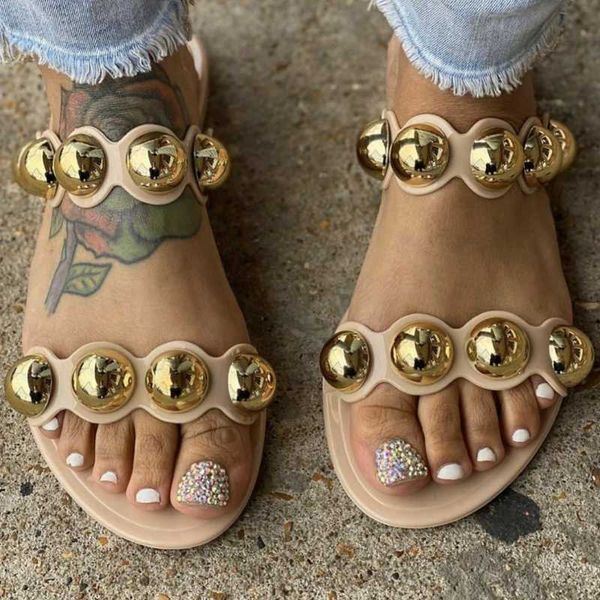 

2020 лето металл украшение женщина плоской платформа тапочки peep toe мода пляж открытый женщина женская обувь zapatos de mujer, Black