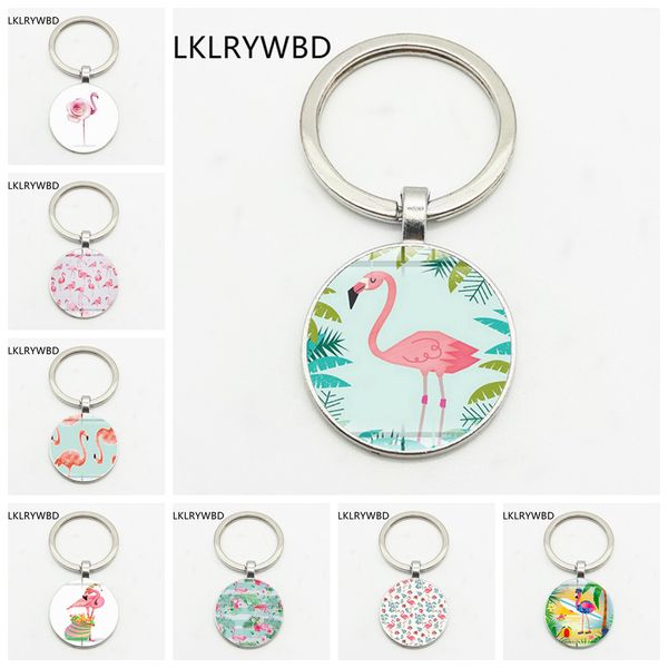 

lklrywbd / мультфильм розовый фламинго гавайский стиль выпуклые круглый стекла подвеска брелок женский любимый подарок, Silver