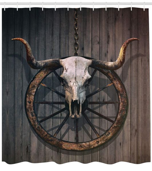 2019 Barn Wood Wagon Wheel Shower Curtain Long Horned Bull Skull