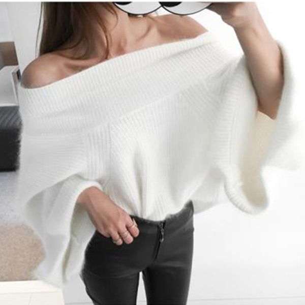 

2019 осень sexy с плеча трикотажные свитера женщин сплошной сыпучие flare рукавом пуловер перемычки женский норка волос свитер пончо, White;black