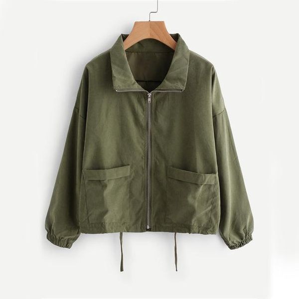

drawstring zip up куртка женщин зеленый с длинным рукавом нагрудные повседневная осень пальто женский basic new spring карманы краткая куртк, Black;brown