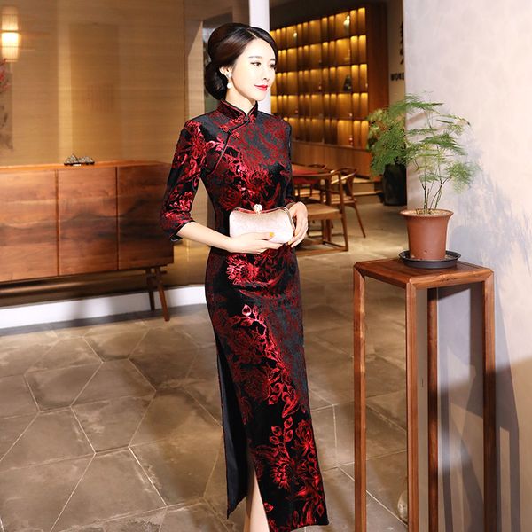 

sheng coco черный красный бархат китайское платье qipao длинные cheongsam банкетные платья с длинным рукавом новый год платье женская одежда, Red