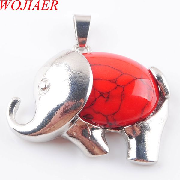

wojiaer милый слон животное подвески ожерелье натуральный красный бирюзовый драгоценный камень энергия для ребенка ювелирные изделия чакра d, Silver